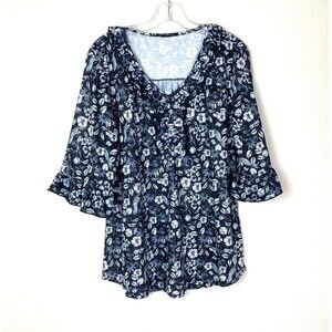 Ivicoer Fashion Scoop Neck Knit Top Size XL Black White Floral Stretch Ruffles